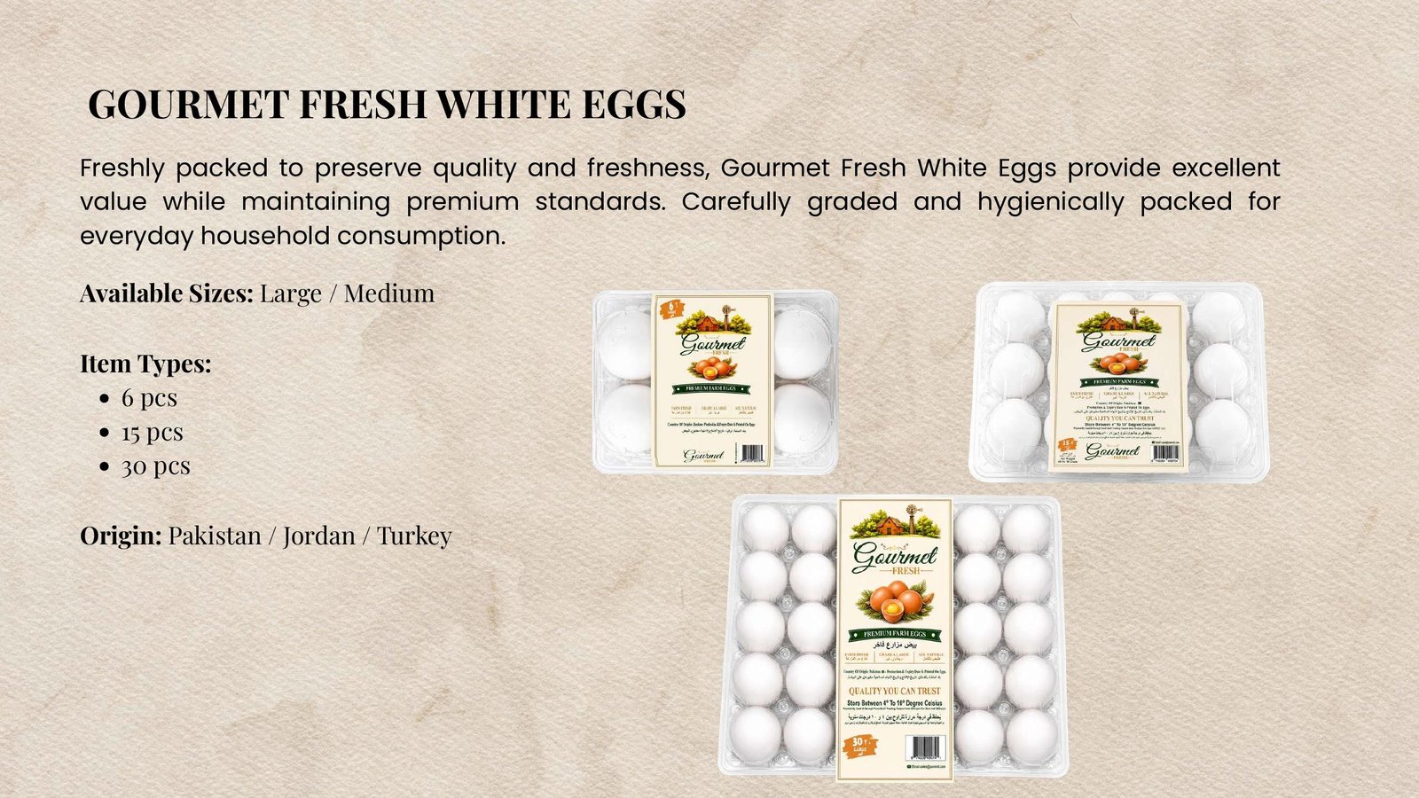 Gourmet Fresh White Eggs retail packages